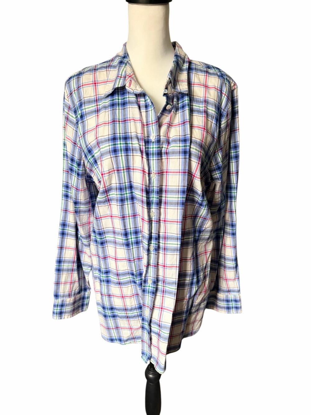 Talbots Women's Button Up Top White Blue Pink Size XL